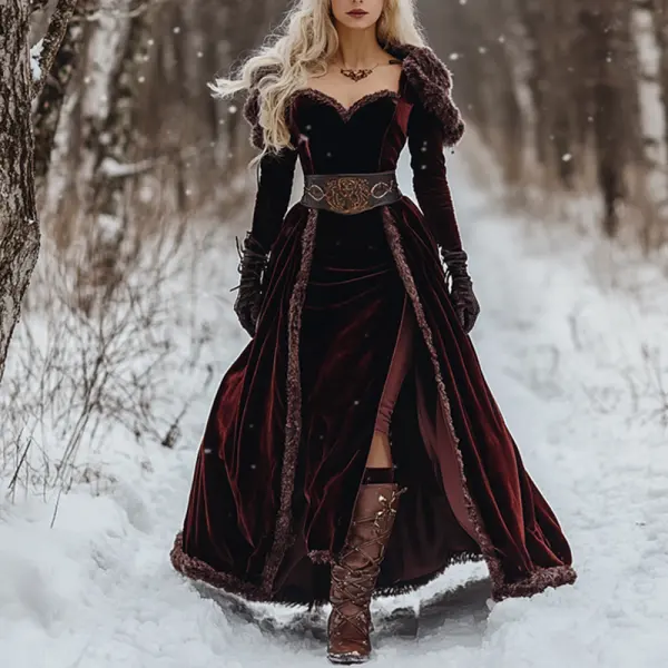 Women's Autumn And Winter Wool Splicing Ancora Velvet Long Skirt Elegant Long Sleeve Wrap The Chest Tunics Dress - Wayrates.com 