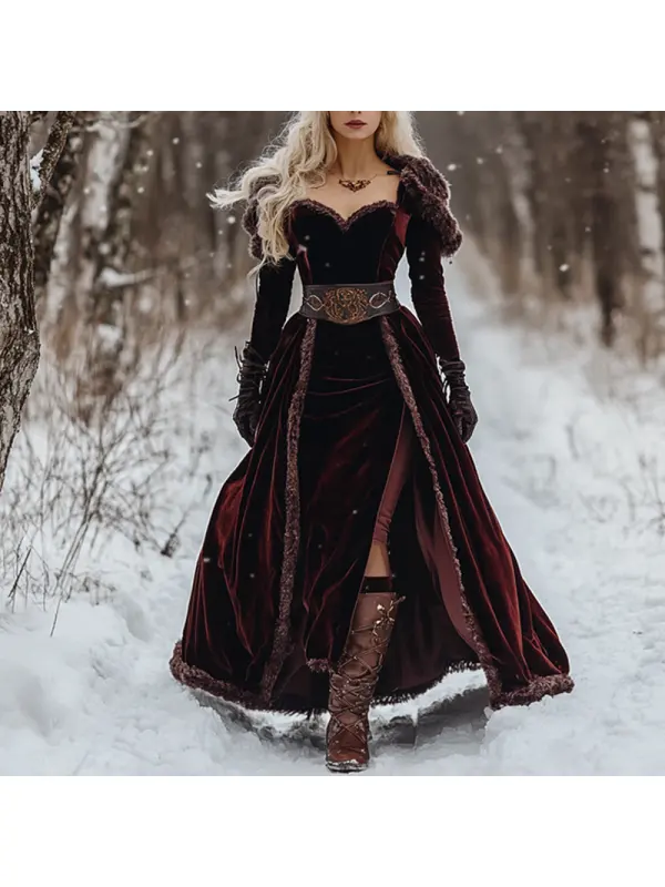 Women's Autumn And Winter Wool Splicing Ancora Velvet Long Skirt Elegant Long Sleeve Wrap The Chest Tunics Dress - Cominbuy.com 