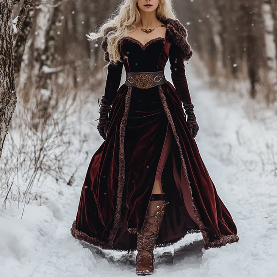 

Women's Autumn And Winter Wool Splicing Ancora Velvet Long Skirt Elegant Long Sleeve Wrap The Chest Tunics Dress