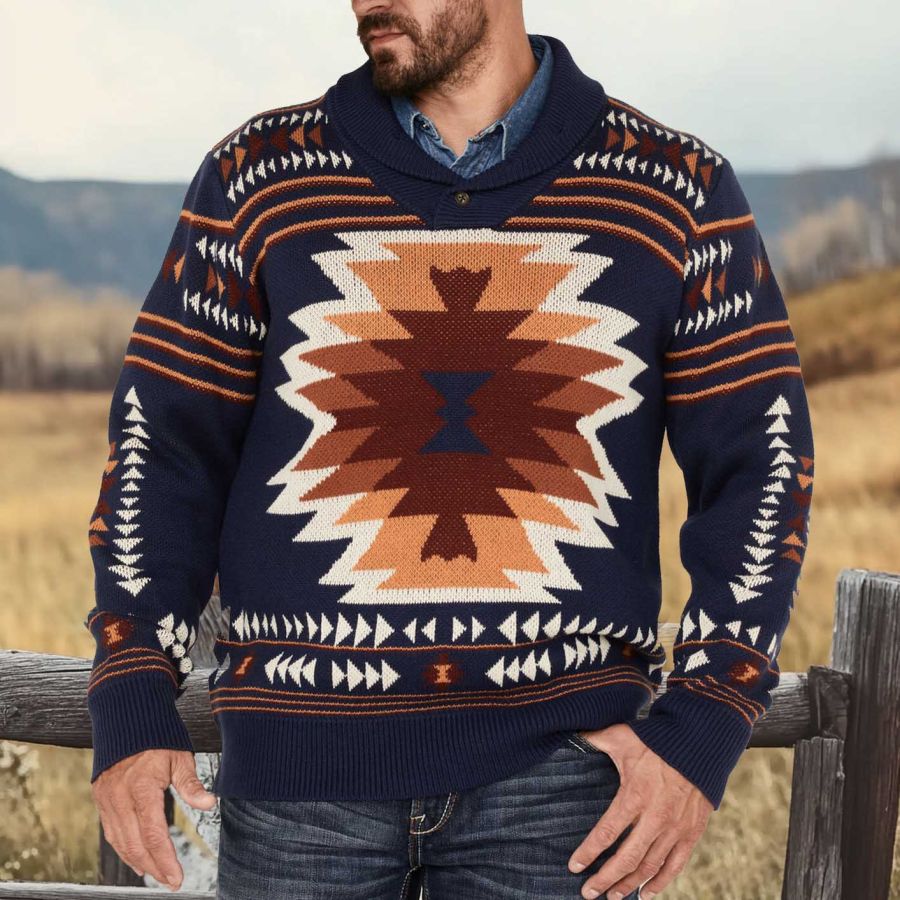 

Men's Vintage Southwestern Ethnic Aztec Knitted Shawl Collar Long Sleeve Sweater