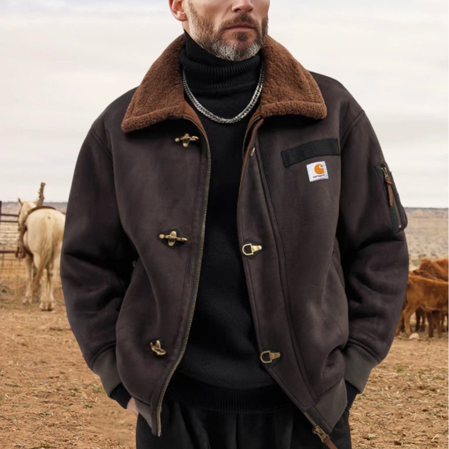

Men's Carhartt Vintage Suede Patchwork Lamb Fleece Multi-Pocket Reverse Collar Outdoor Jacket