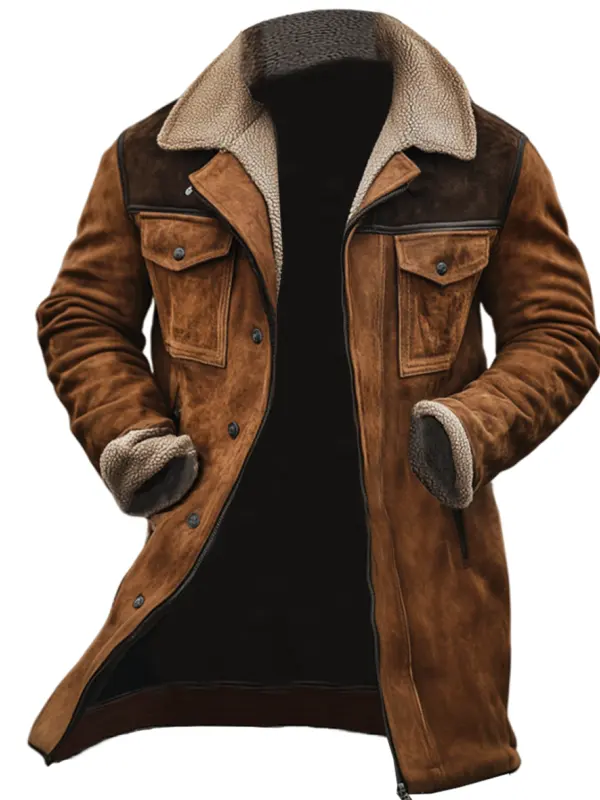 Men's Vintage Suede Patchwork Lamb Fleece Multi-Pocket Reverse Collar Outdoor Jacket Coat - Menbarn.com 