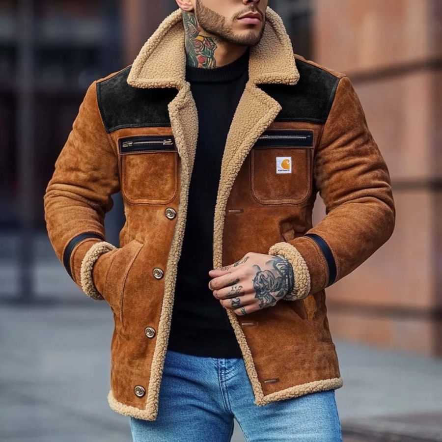 

Men's Vintage Suede Fleece Color Block Reverse Collar Outdoor Shearling Jacket