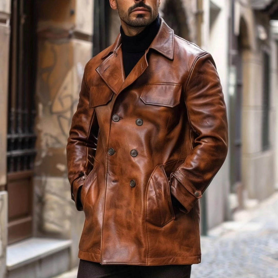 

Men's Vintage Leather Double-Breasted Reverse Collar Mid-Length Coat Jacket
