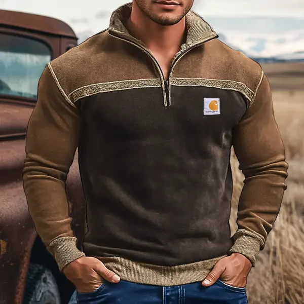 Men's Vintage Ethnic Embroidery Patterns Fleece Woven Tape Splicing 1/4 Zipper Sweatshirts - Yesunshine.com 