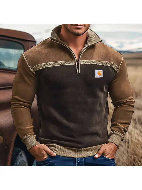 Men's Vintage Ethnic Embroidery Patterns Fleece Woven Tape Splicing 1/4 Zipper Sweatshirts - Shopyiyistories.com 