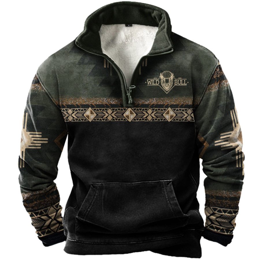 

Men's Vintage Western Cowboy Colorblock Zipper Lapel Sweatshirt