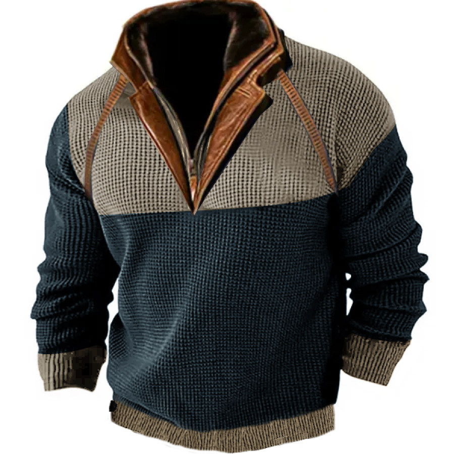 

Men's Outdoor Casual Zip Polo Sweater Sweatshirt Double Layer Stand Collar Long Sleeve Vintage Contrast Tactical Thic