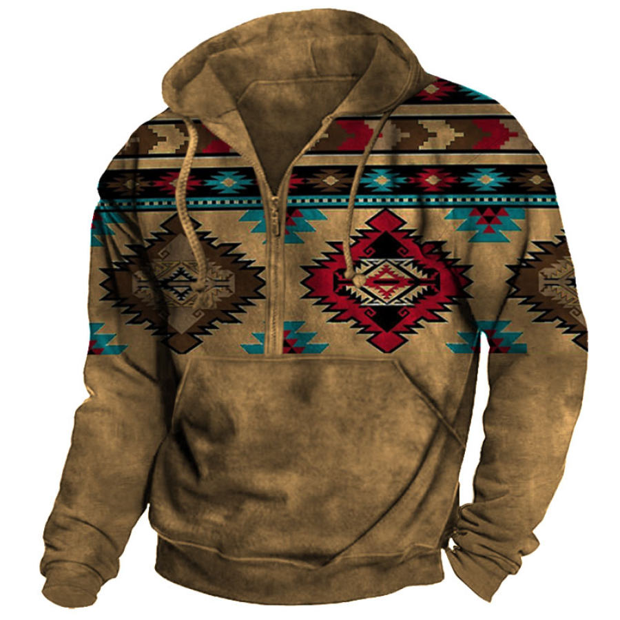 

Men's Vintage Ethnic Print Pocket Half Zip Hoodie