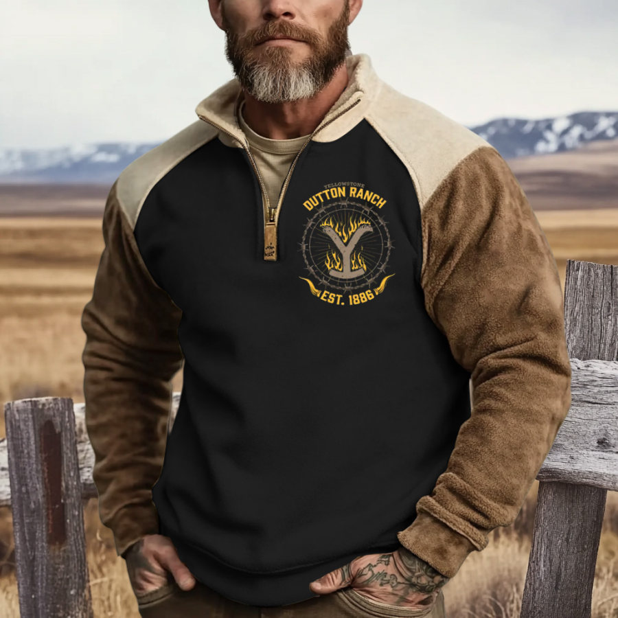 

Men's Vintage Western Yellowstone Paneled Fleece Quarter Zip Stand Collar Sweatshirt