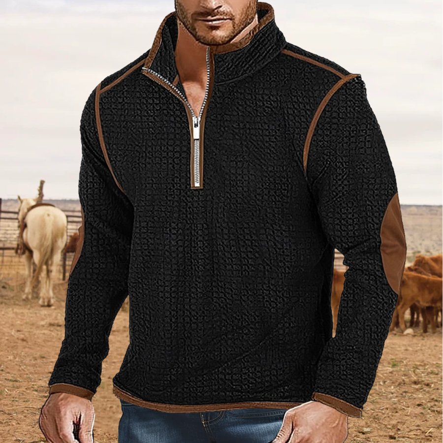 

Men's Vintage Waffle Zip Stand Collar Daily Tops Elbow Patch Long Sleeve T-Shirt