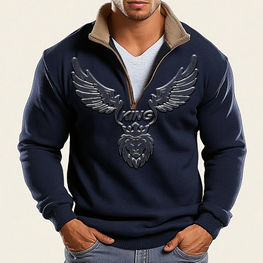 

Men's 3d Embossed Lion Wing Quarter Zip Collar Casual Sweatshirt