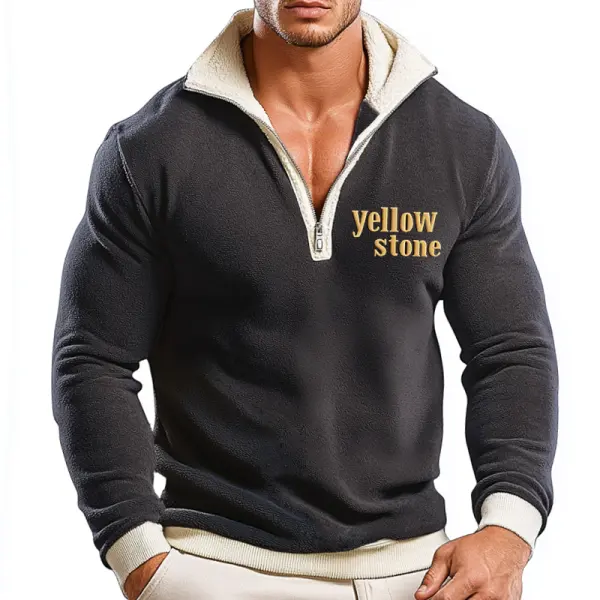 Men's Vintage Casual Embroidery Yellowstone Fleece Quarter Zip Collar Sweatshirt - Wayrates.com 