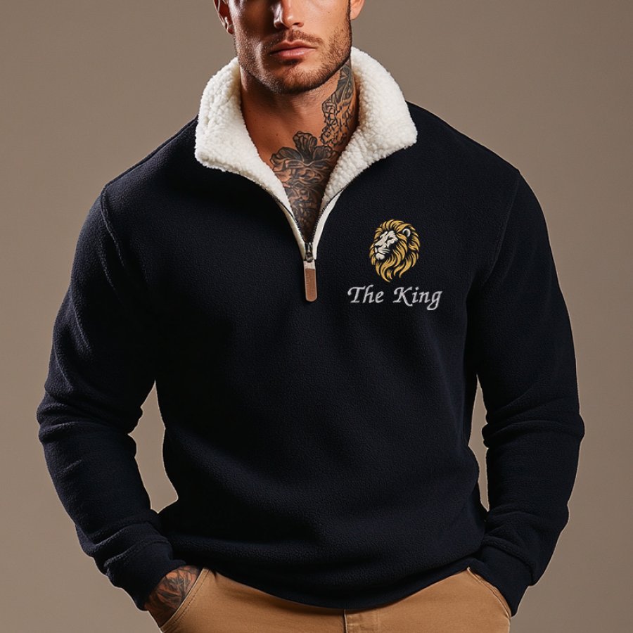 

Men's Vintage Fleece Embroidery Lion Is The King Quarter Zip Collar Color Block Sweatshirt