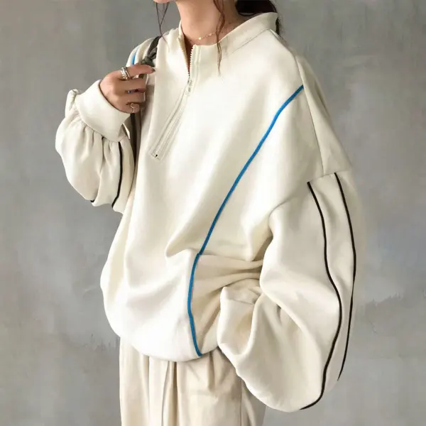 Women's Fashion Colorblock Zip-up Loose Hoodie - Wayrates.com 