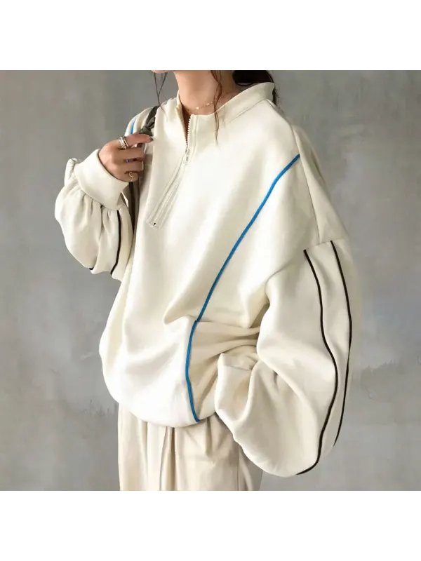 Women's Fashion Colorblock Zip-up Loose Hoodie - Ootdmw.com 