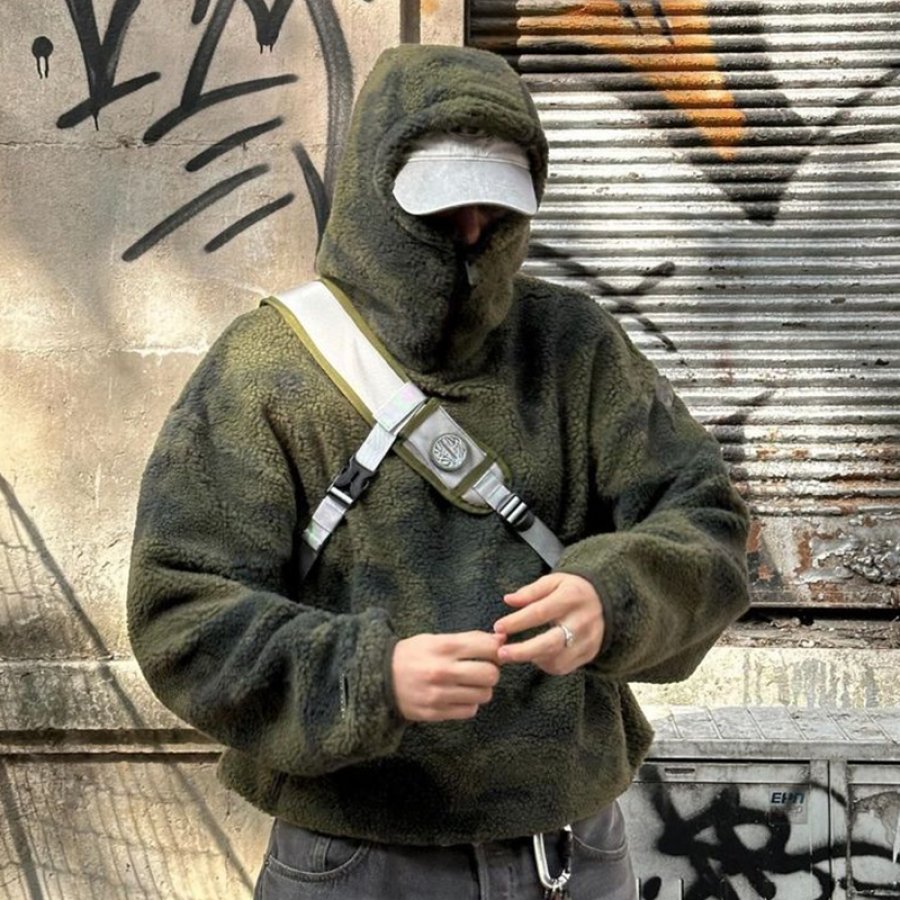 

Men's Plush Coat Oversize Zipper Pocket Outdoor Leisure Lambskin Military Green Jacket