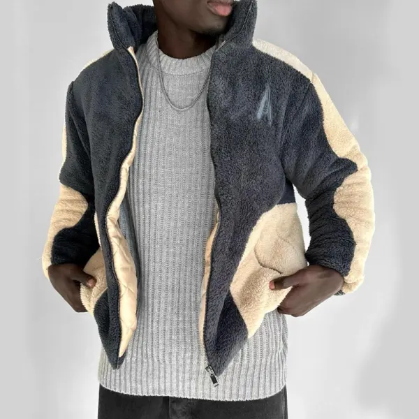 Men's Plush Splicing Coat Oversize Zipper Pocket Outdoor Leisure Lambskin Military Green Jacket - Wayrates.chimpone.com 