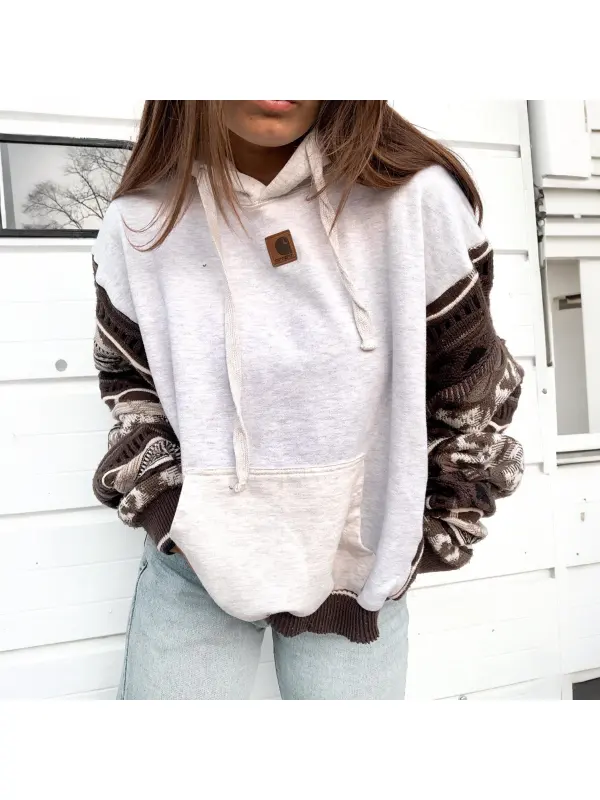 Women's Casual Patchwork Knit Sleeve Hooded Sweatshirt - Aptkoi.com 