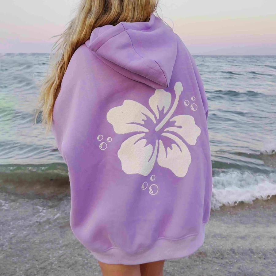 

Women's Vintage Hibiscus Flower Towel Embroider Oversized Long Sleeve Hoodie