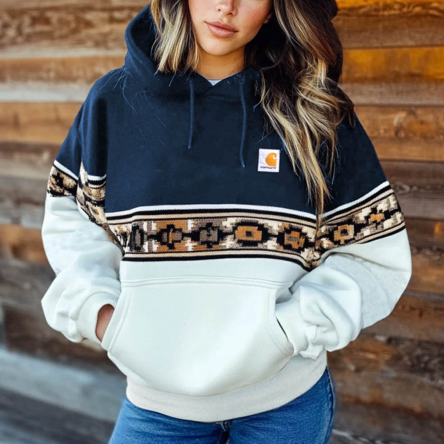 

Women's Vintage Ethnic Color Block Pocket Oversized Long Sleeve Hoodie