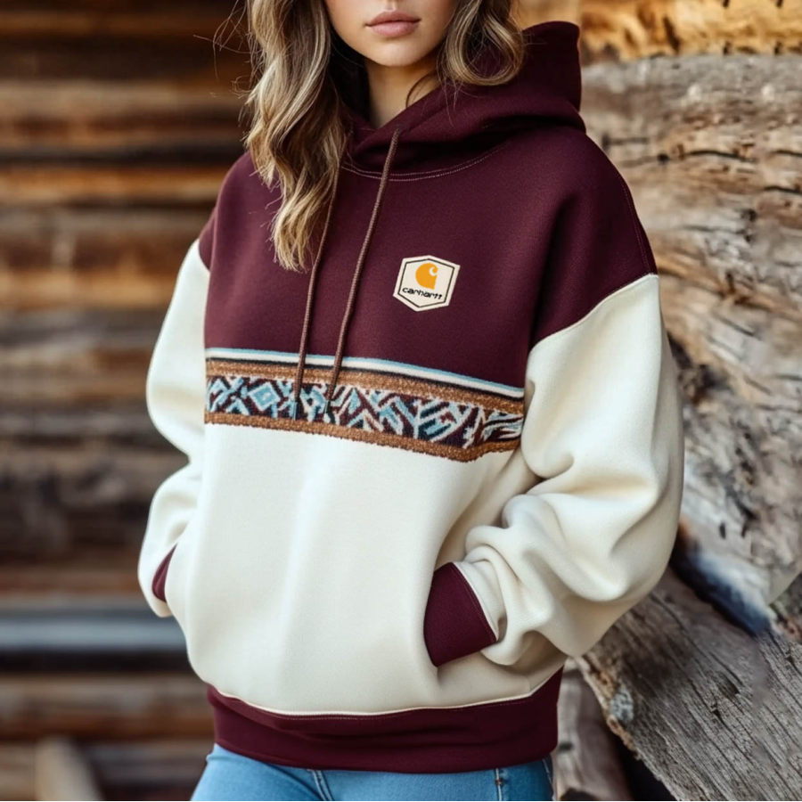 

Women's Vintage Ethnic Color Block Pocket Oversized Long Sleeve Hoodie