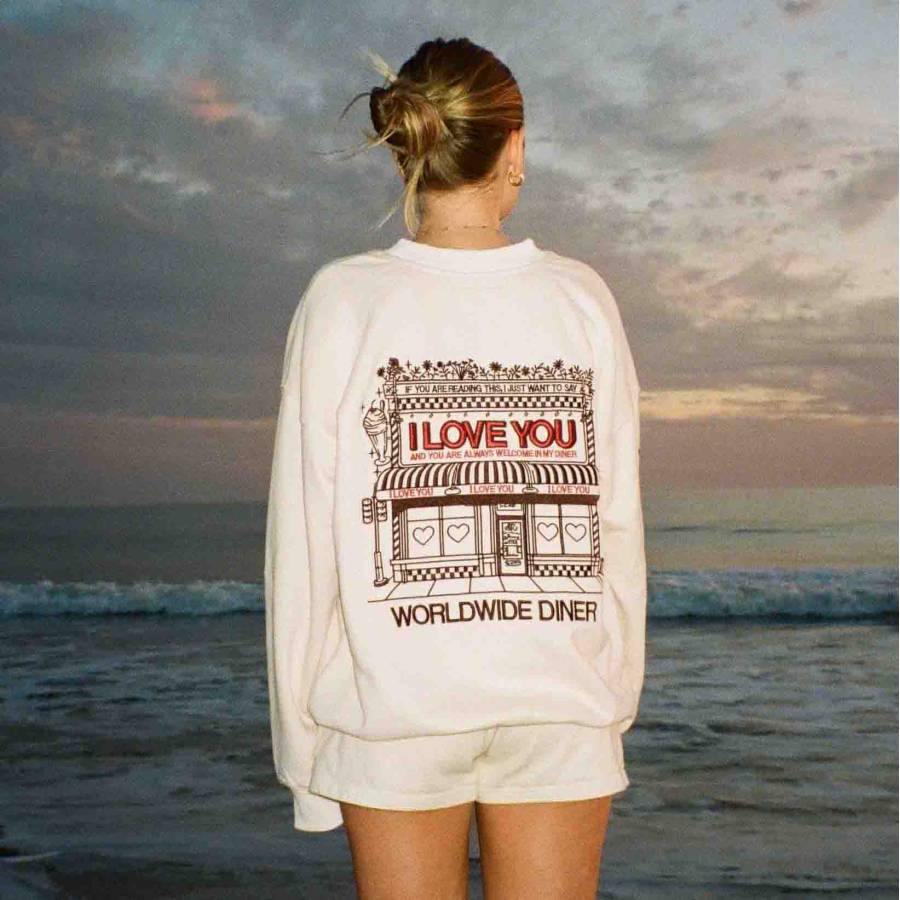 

Women's Vintage I Love You Diner Embroidered Crew Neck Sweatshirt