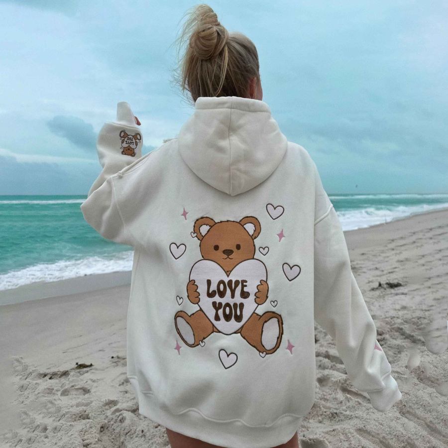 

Women's Vintage Teddy Bear Embroider Oversized Long Sleeve Hoodie