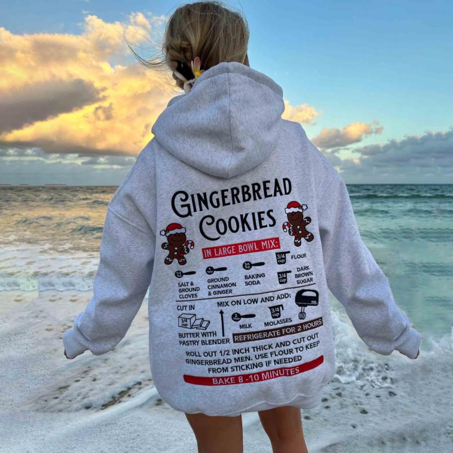 

Women's Vintage Pearl Grey Gingerbread Recipe Christmas Embroider Oversized Long Sleeve Hoodie