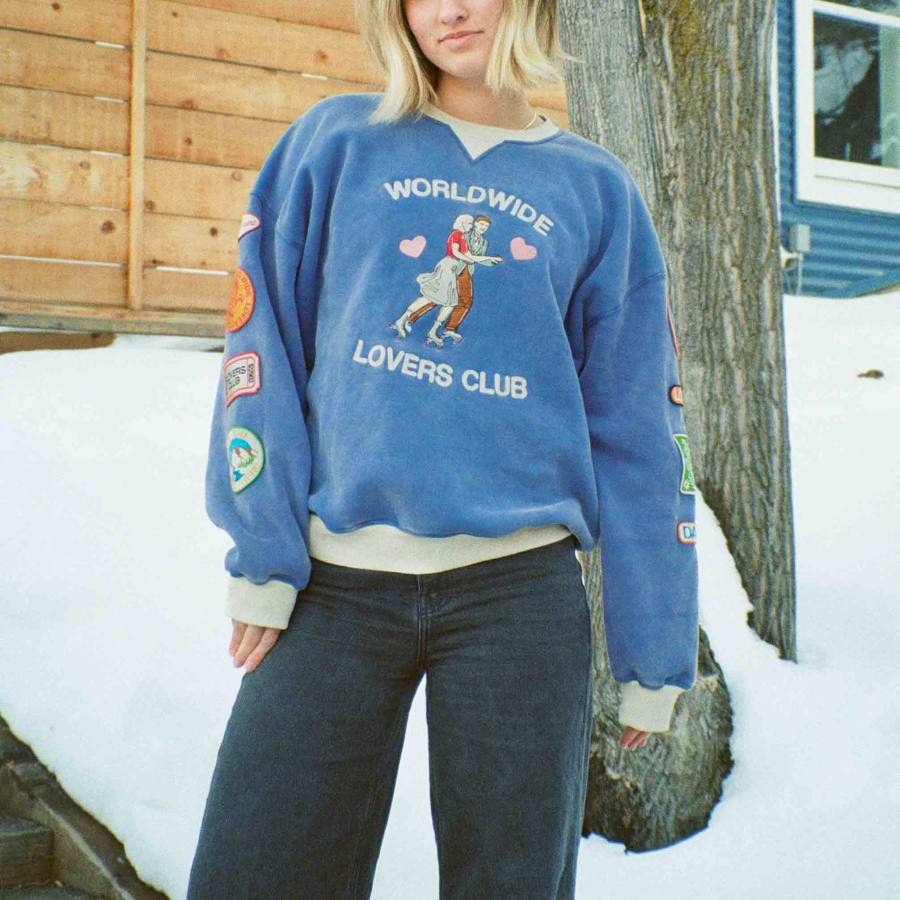 

Women's Vintage Lovers Club Embroidered Crew Neck Blue Sweatshirt