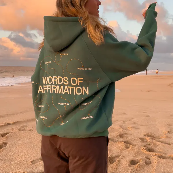 Women's Vintage Words Of Affirmation Embroidered Oversized Long Sleeve Green Hoodie - Wayrates.com 