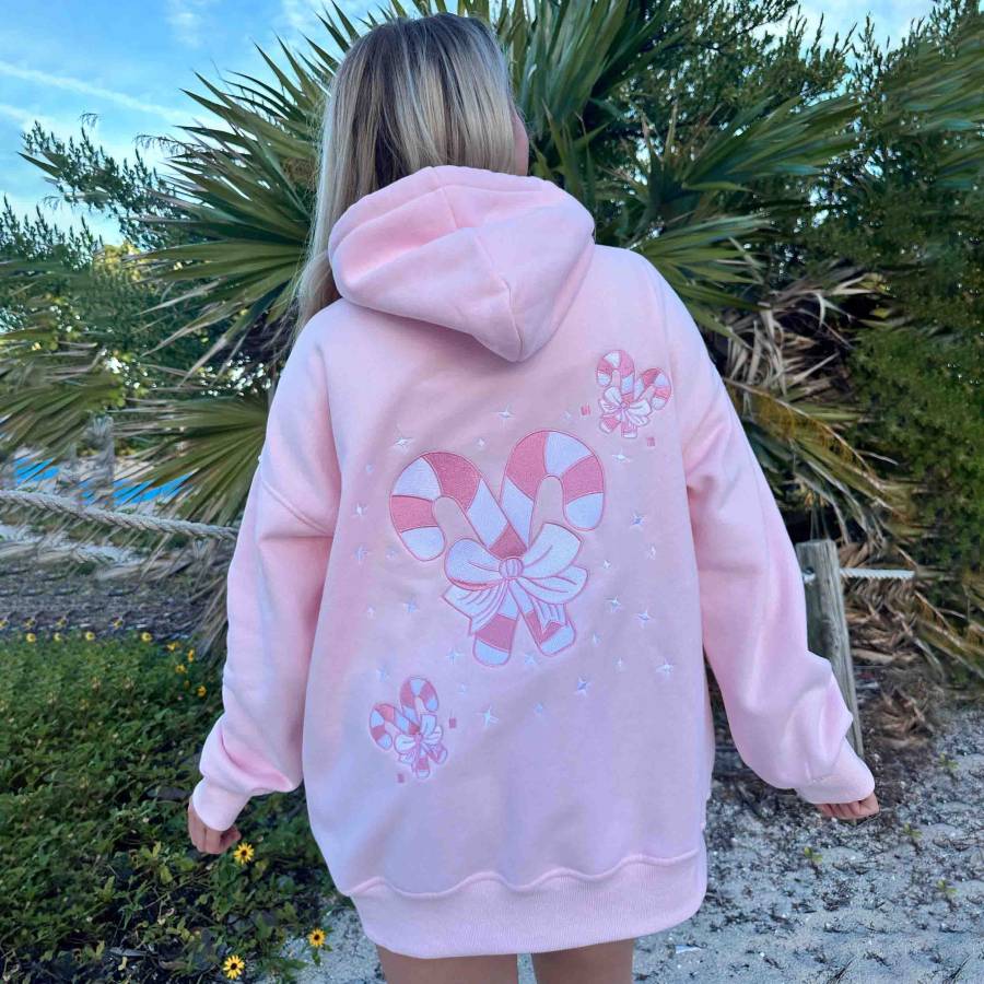 

Women's Vintage Light Pink Candy Cane Wonderland Embroidered Oversized Long Sleeve Hoodie