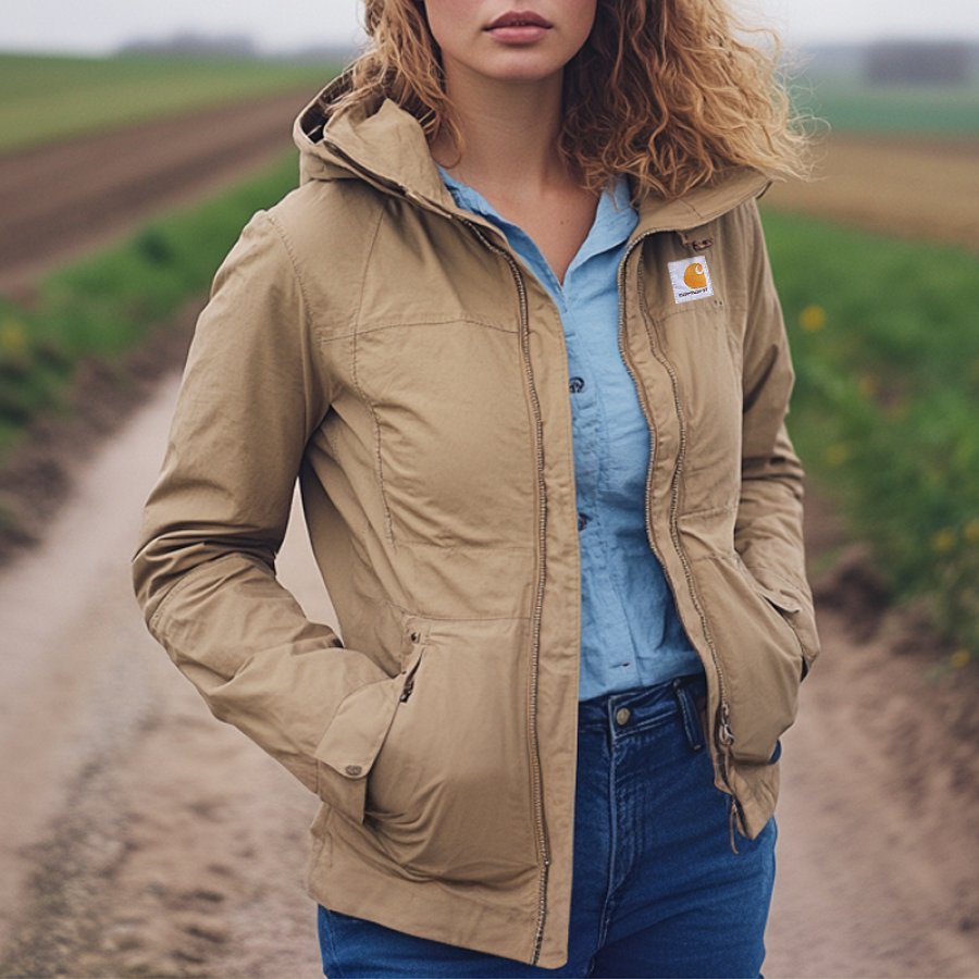 

Women's Vintage Outdoor Pocket Zipper Hooded Jacket