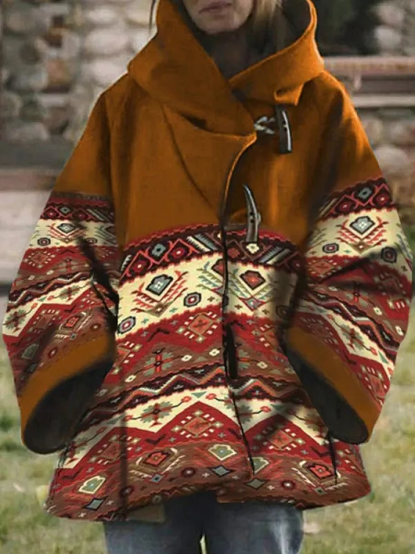 Oversized Vintage Print Button Hooded Coat - Ootdmw.com 
