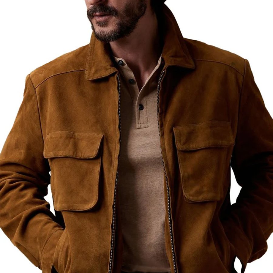 

Men's Vintage Suede Zipper Double Pocket Casual Jacket