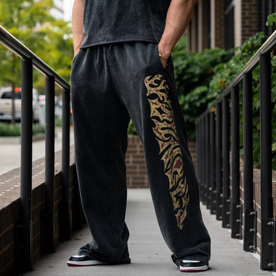 

Men's Vintage Tattered Drawstring Printed Sweatpants