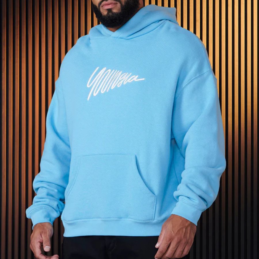 

Men's Oversize Retro Embroidered Pattern Blue Hoodie