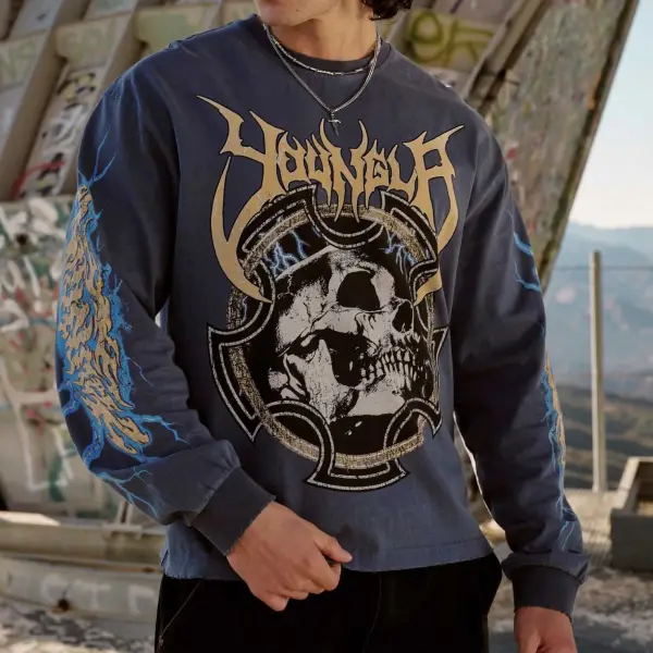 Men's Vintage Skull Print Casual Crew Neck Long Sleeve T-Shirt - Wayrates.com 