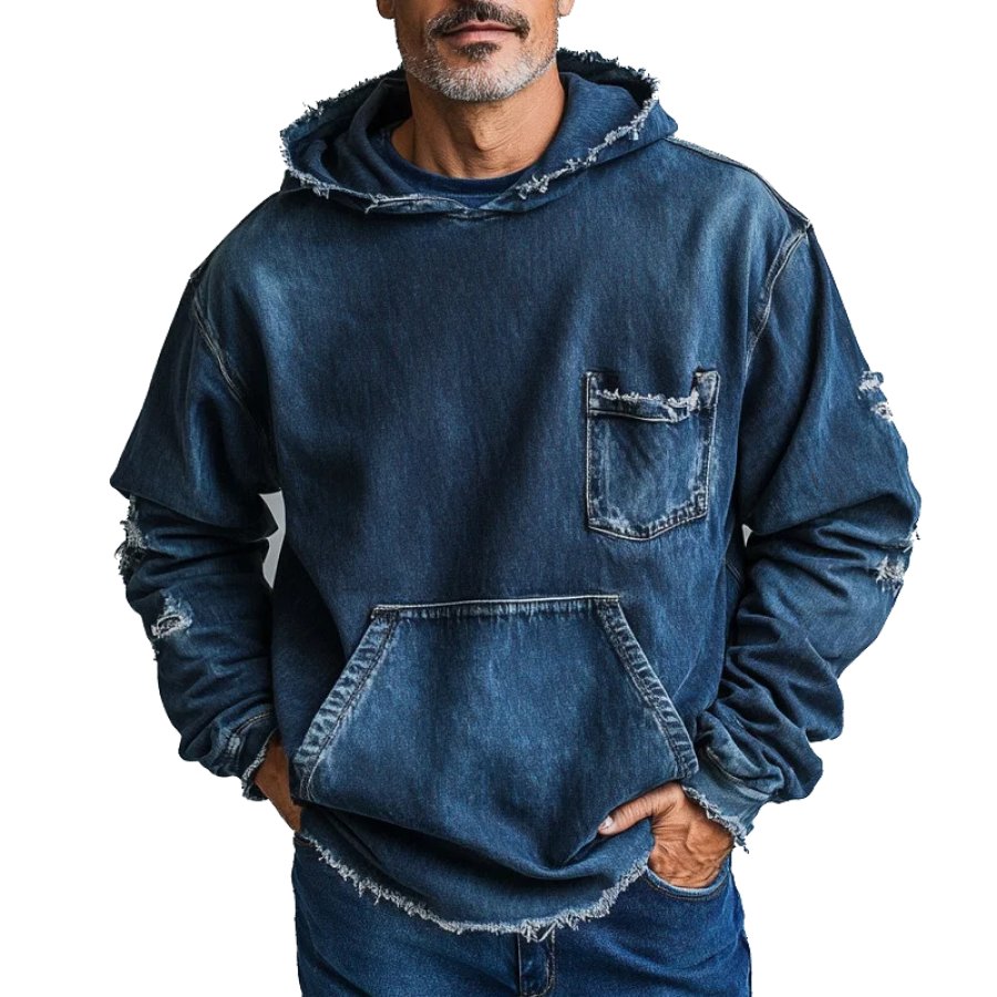 

Men's Vintage Distressed Frayed Denim Hoodie