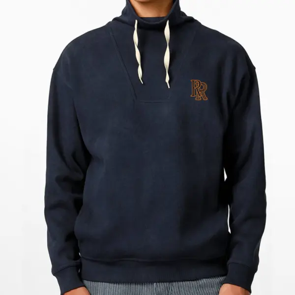 Men's Vintage Distressed Half Turtleneck Drawstring Letter R Printed Sweatshirt - Wayrates.com 