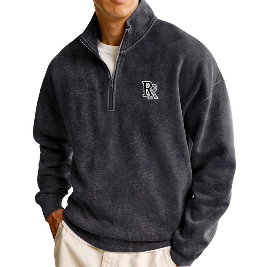 

Men's Vintage Quarter Zip Neck Letter R Printed Sweatshirt