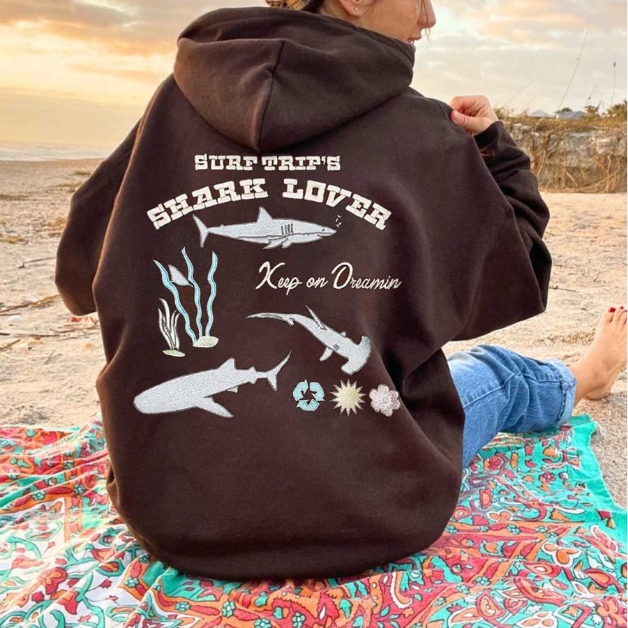 

Women's Vintage Shark Lover Surf Embroidered Oversized Long Sleeve Hoodie