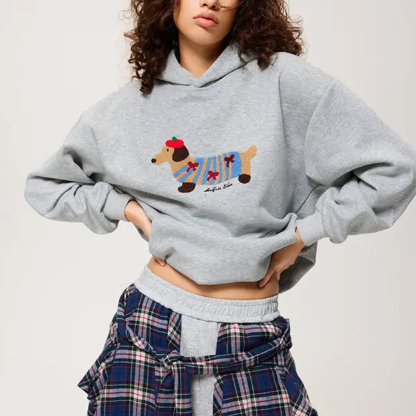 Women's Vintage Embroidered Dog Casual Daily Wear Loose Hoodie - Wayrates.com 