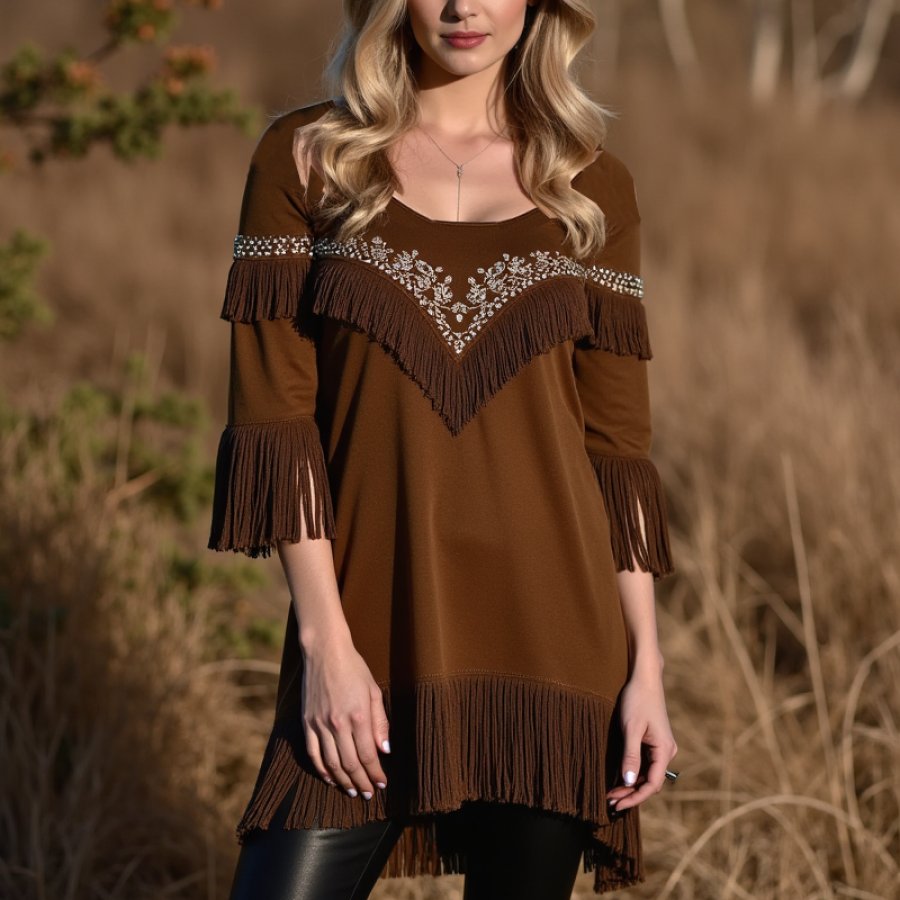 

Women's Fringed Lace Crew Neck Elegant Tunic Basic Pullovers Blouse Tops