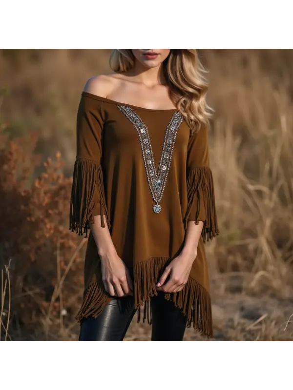 Women's Fringed Lace Off-the-shoulder Elegant Tunic Basic Pullovers Blouse Dressy Tops - Aptkoi.com 