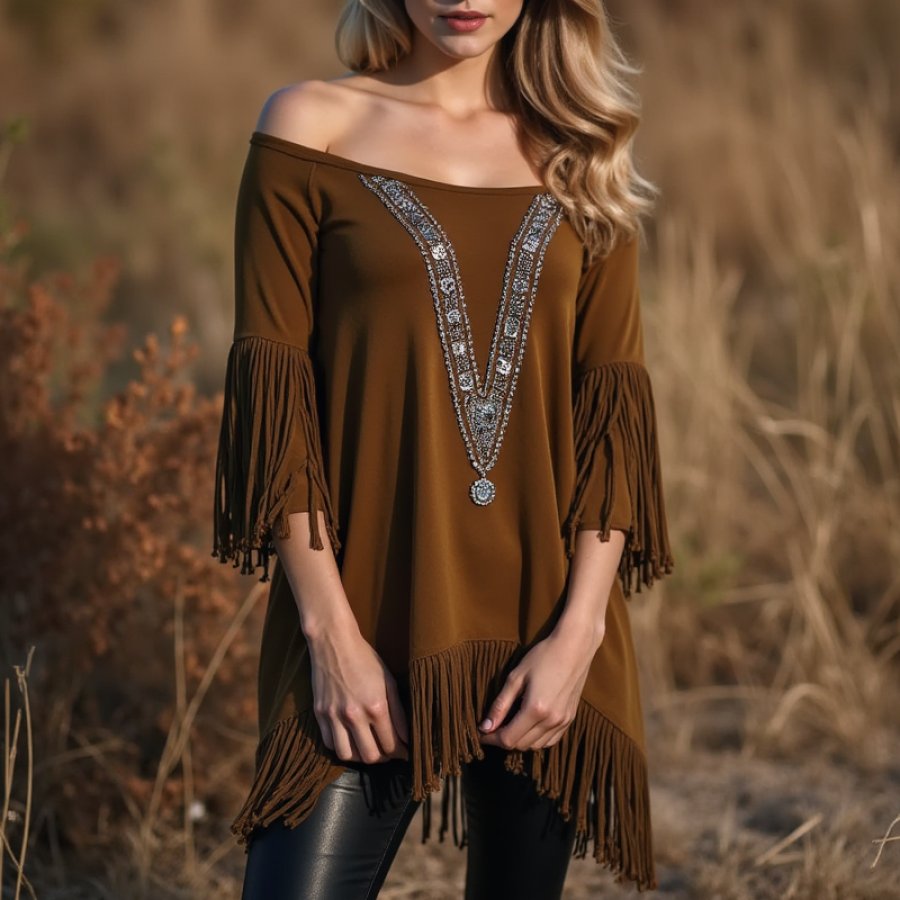 

Women's Fringed Lace Off-the-shoulder Elegant Tunic Basic Pullovers Blouse Dressy Tops