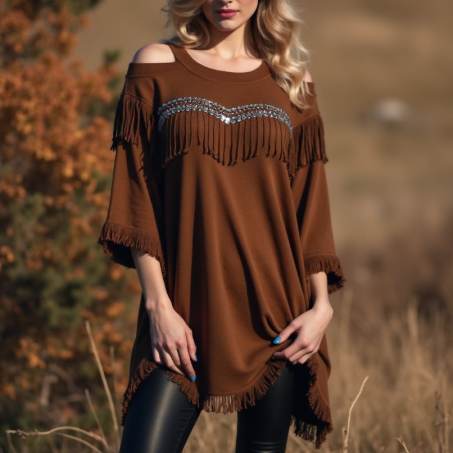 

Women's Fringed White Beaded Accents Off-the-shoulder Elegant Tunic Pullovers Blouse Dressy Tops