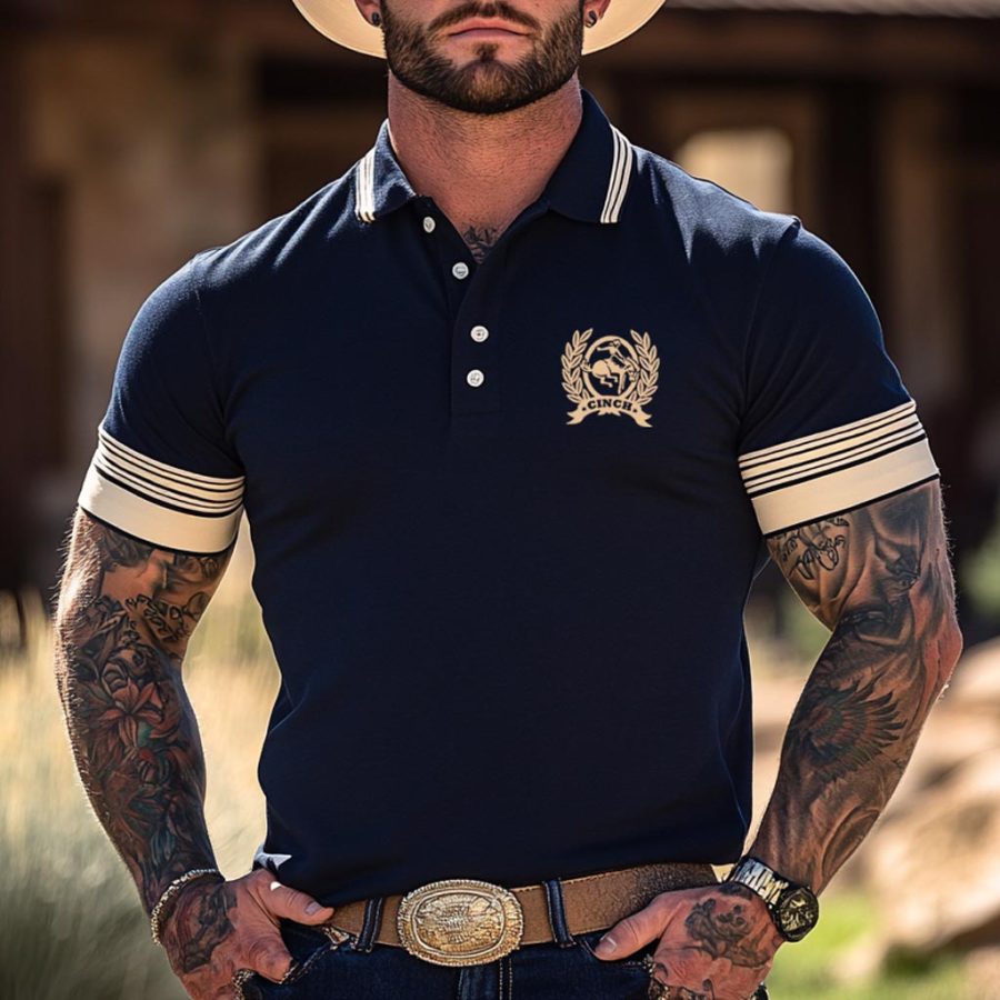 

Men's Western Cowboy Contrast Color Polo Collar Short Sleeve T-shirt