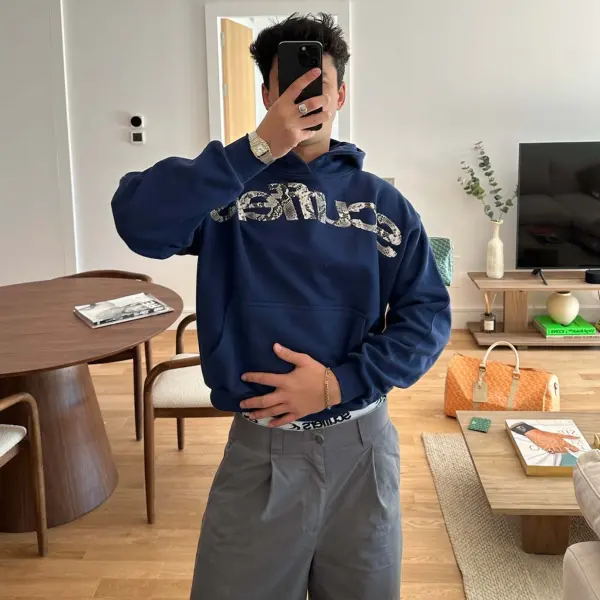 Unisex Iconic Light Printing Casual Oversized Blue Hoodie - Wayrates.com 