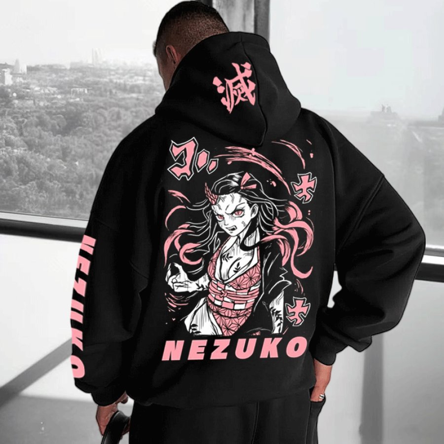 

Unisex Vintage Anime Print Oversize Black Hoodie